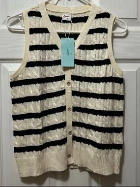 Ivory & Navy Blu Striped Cable-Knit Button Front Sweater Vest Women’s Size Small